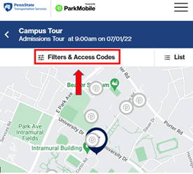 Park Mobile: Click the Filters and Access Codes button