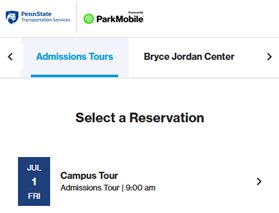 Park Mobile: Find and select your reservation under the Admissions Events tab.